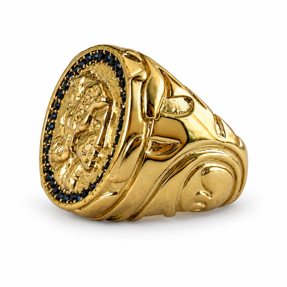 Gold ancient figures coin ring with black crystals side view