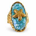 Gold aqua shell chip starfish statement ring front view