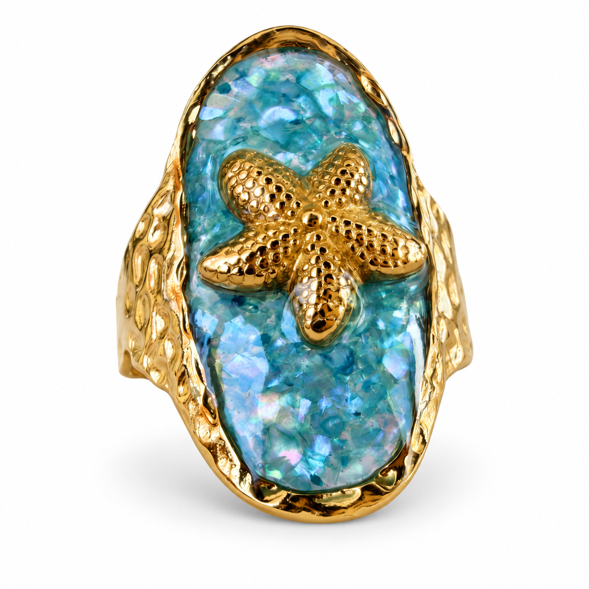 Gold aqua shell chip starfish statement ring front view