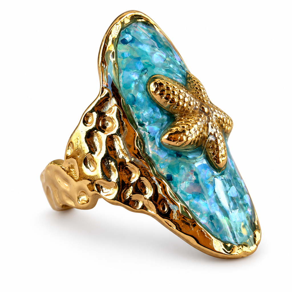 Gold aqua shell chip starfish statement ring side view