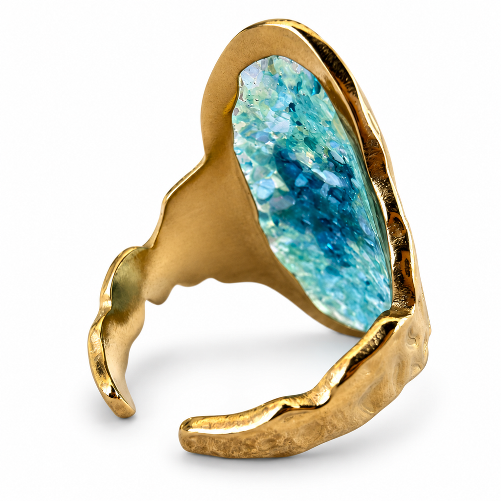 Gold aqua shell chip starfish statement ring back view