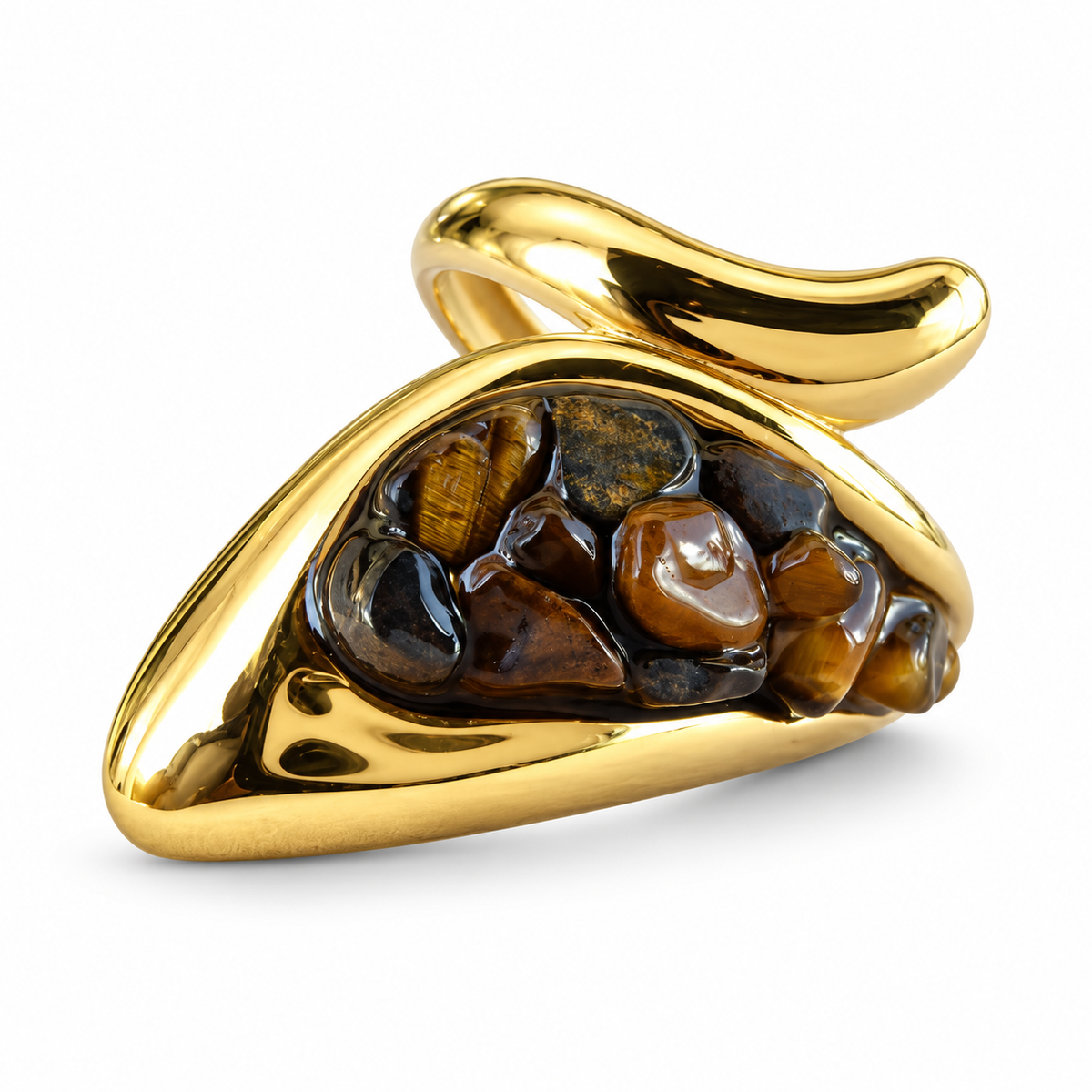 Gold Brown Stone Chip Teardrop Wrap Ring front view