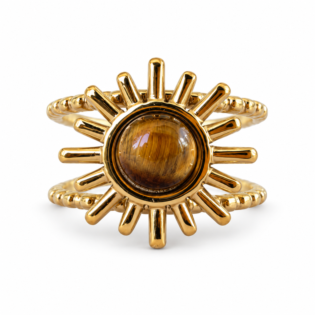 Gold Tiger Eye Sunburst Cuff Ring front view