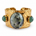 Gold Hammered Green Stone Triple Cabochon Cuff Ring front view