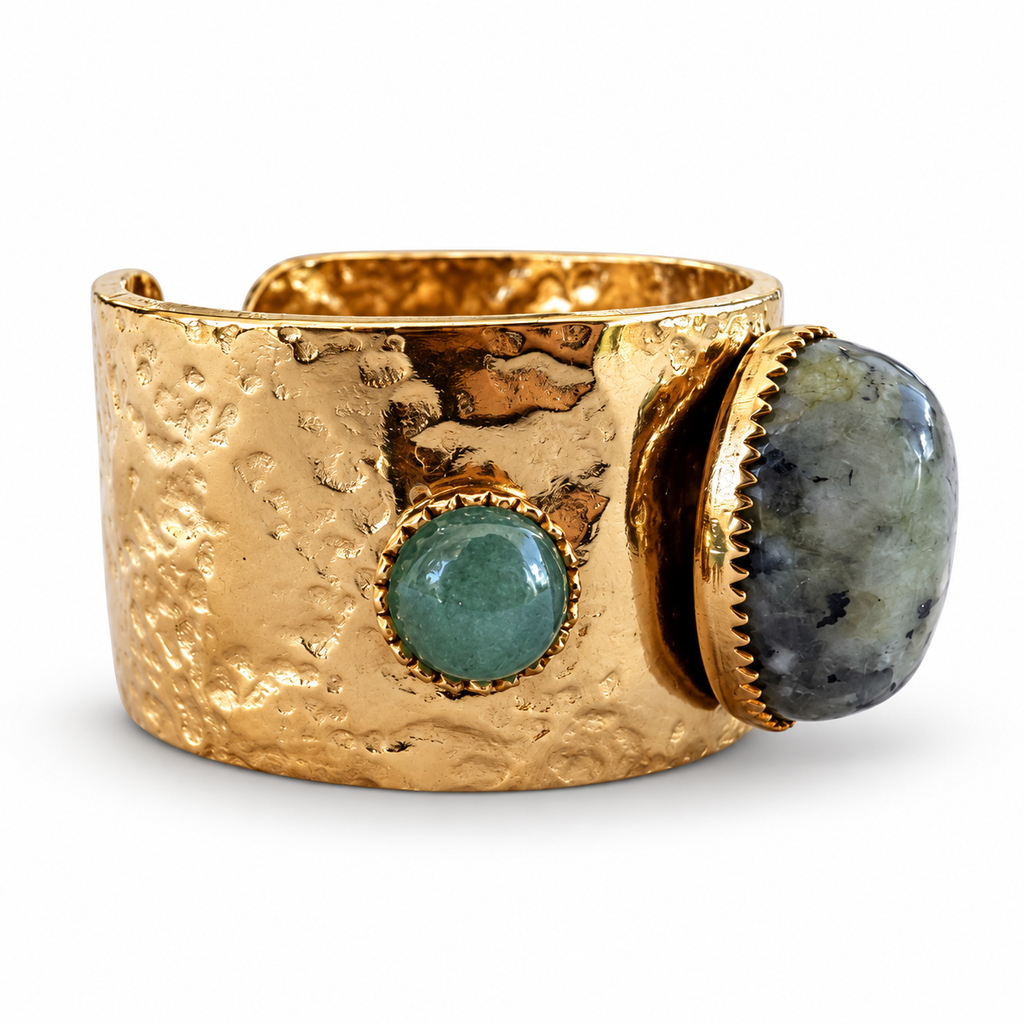 Gold Hammered Green Stone Triple Cabochon Cuff Ring side view