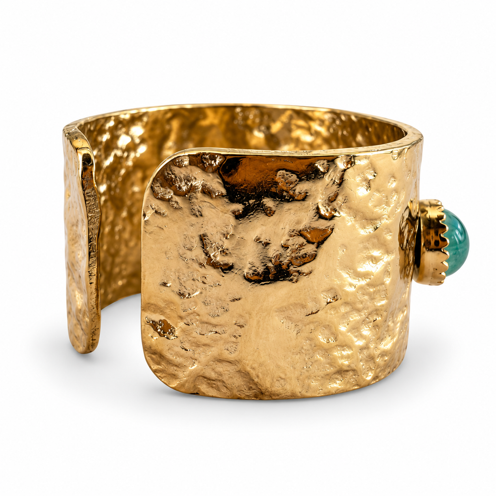 Gold Hammered Green Stone Triple Cabochon Cuff Ring alternate view