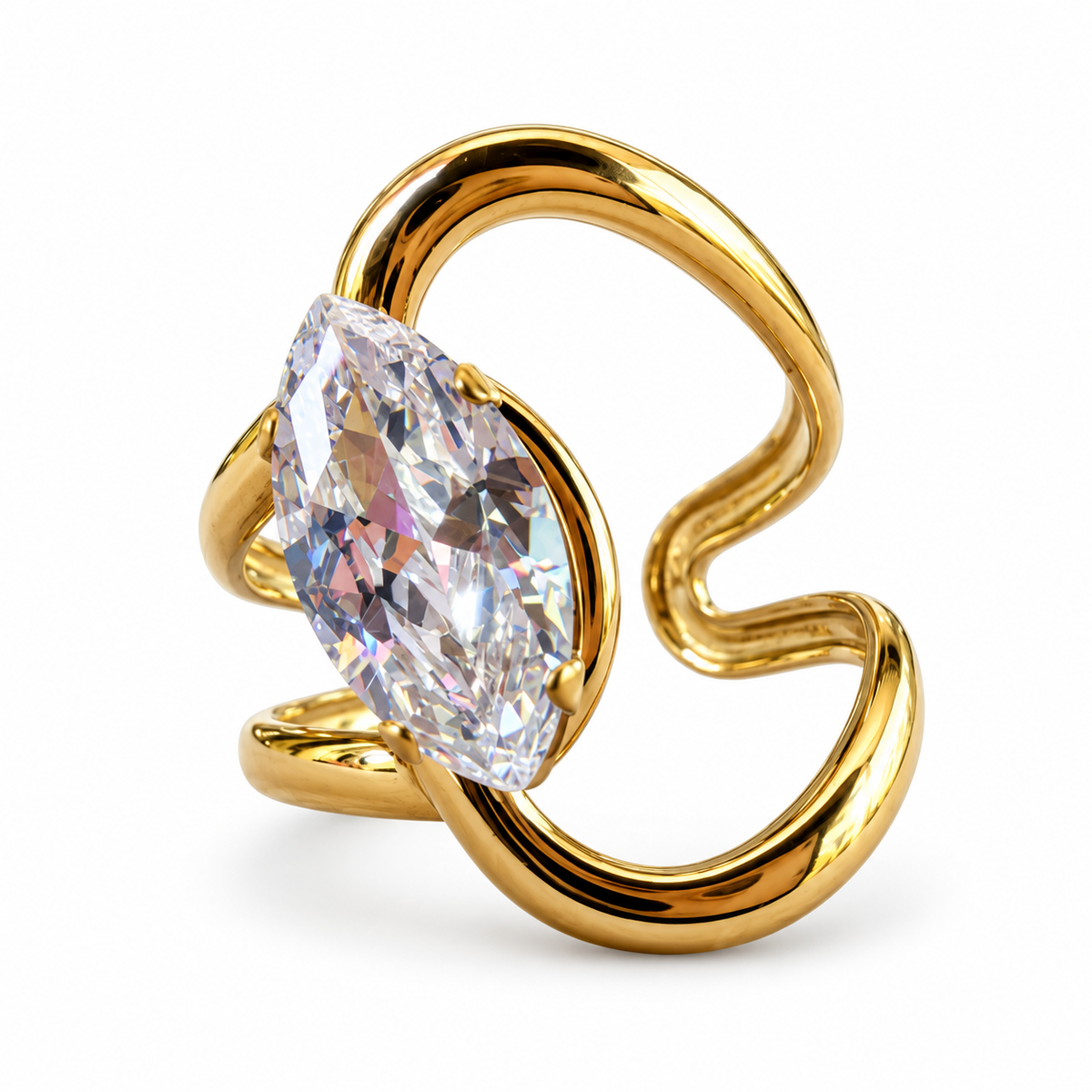 Gold Marquise Crystal Sculptural Wrap Ring front view