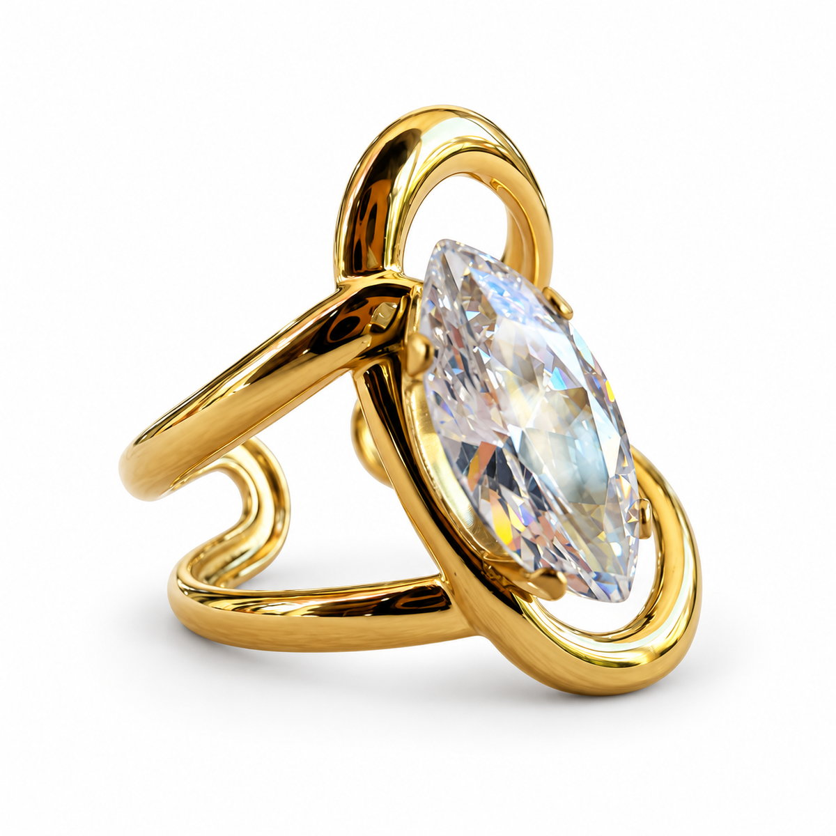 Gold Marquise Crystal Sculptural Wrap Ring side view