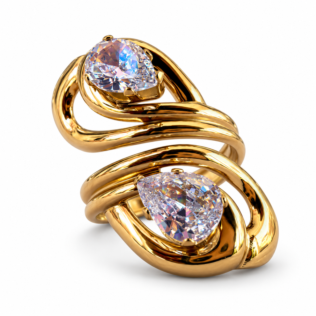 Gold Pear Crystal Swirl Statement Ring front view