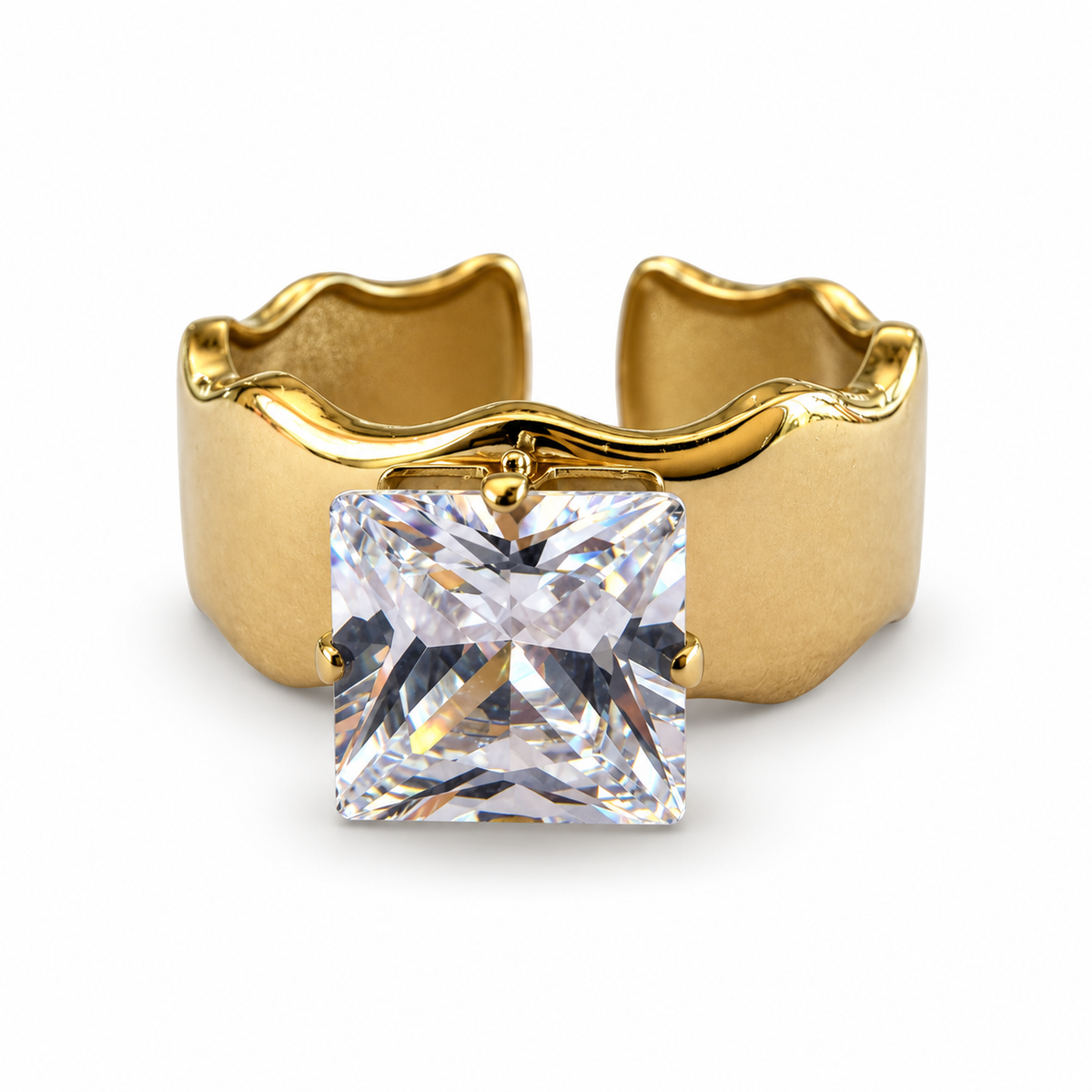Gold Square Crystal Wavy Cuff Ring front view