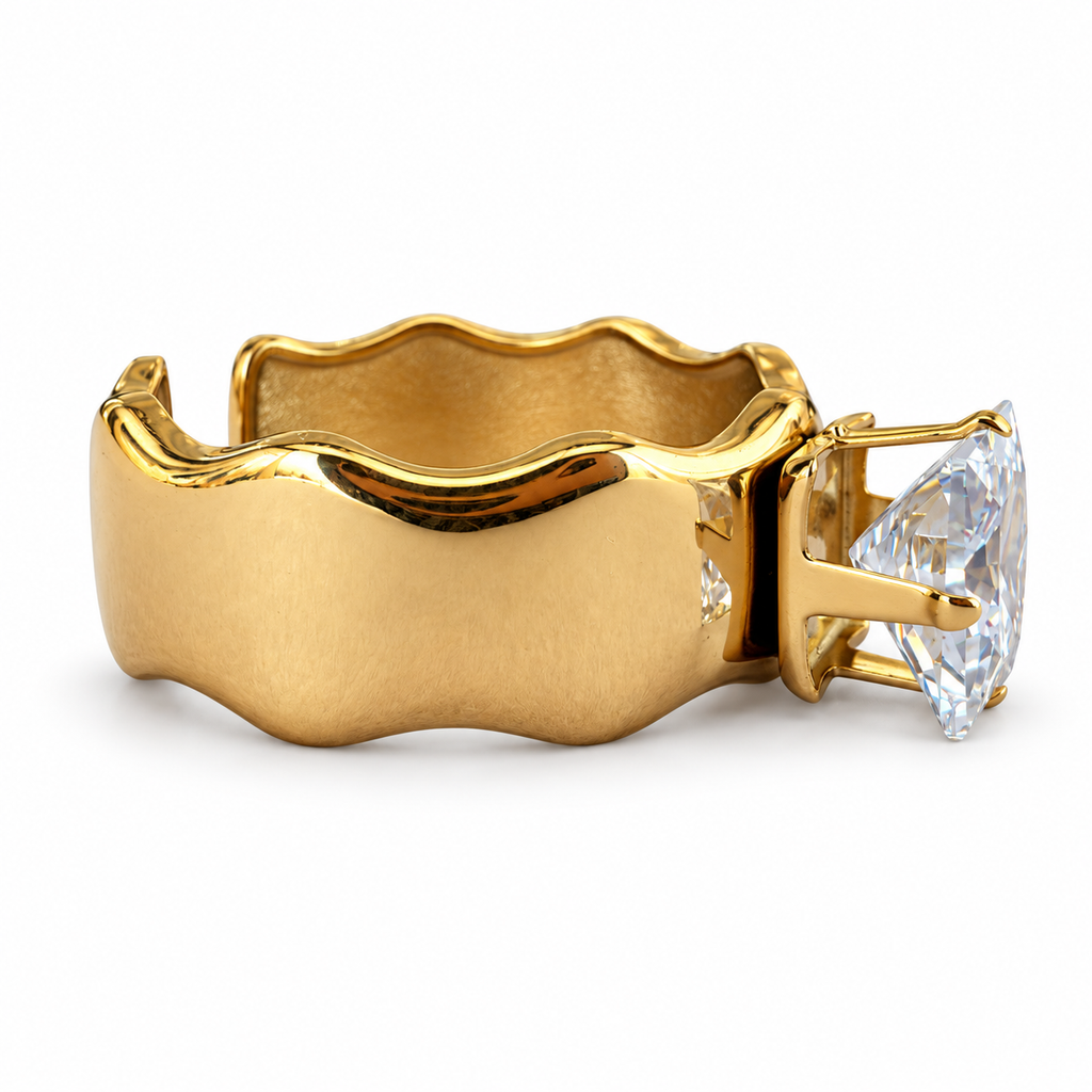 Gold Square Crystal Wavy Cuff Ring side view