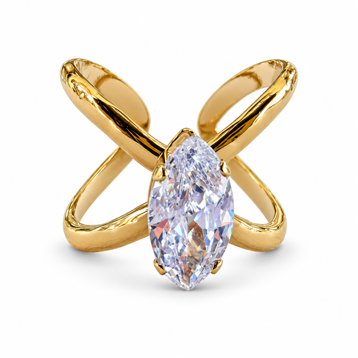 Gold Marquise Crystal Crossover Ring front view