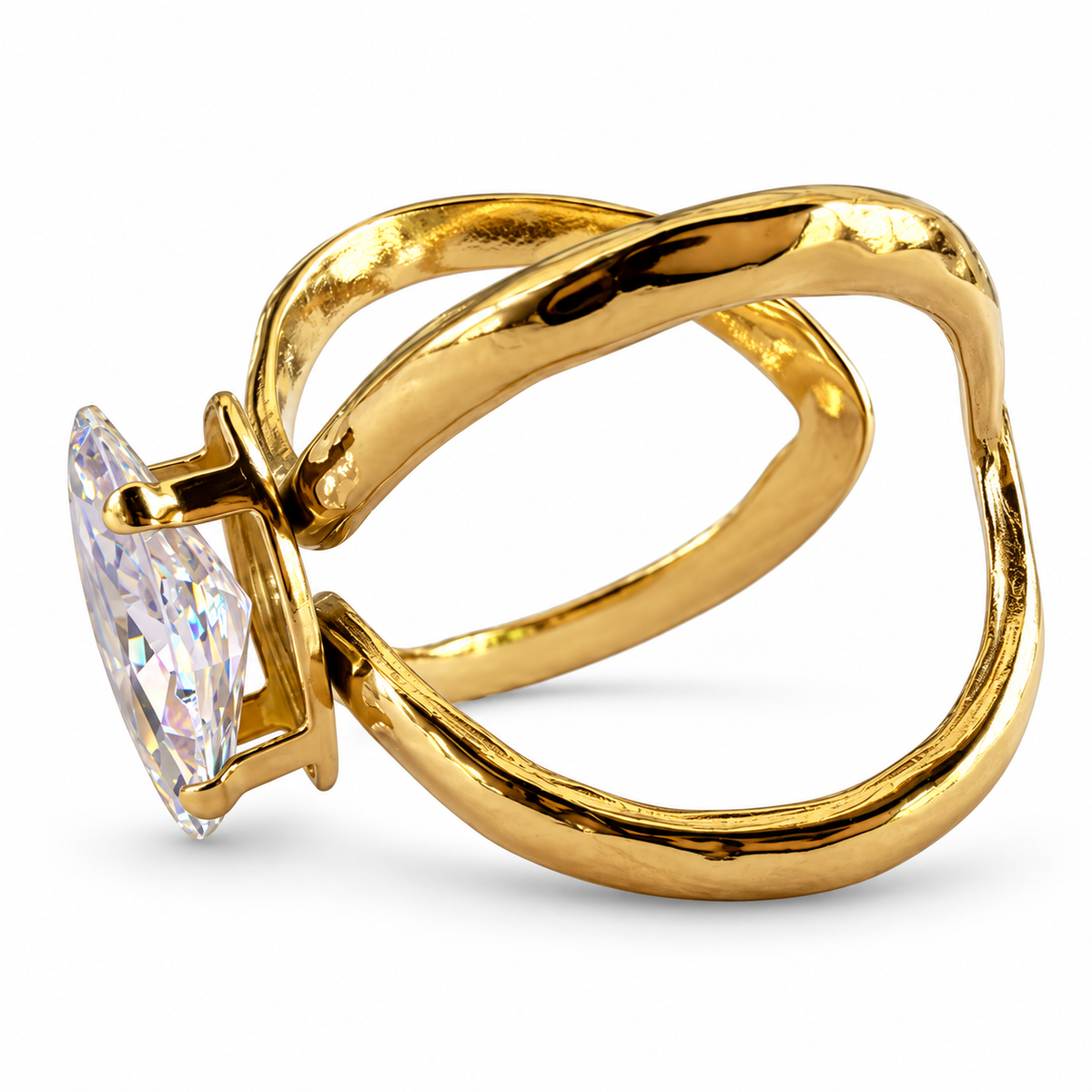 Gold Marquise Crystal Crossover Ring side view