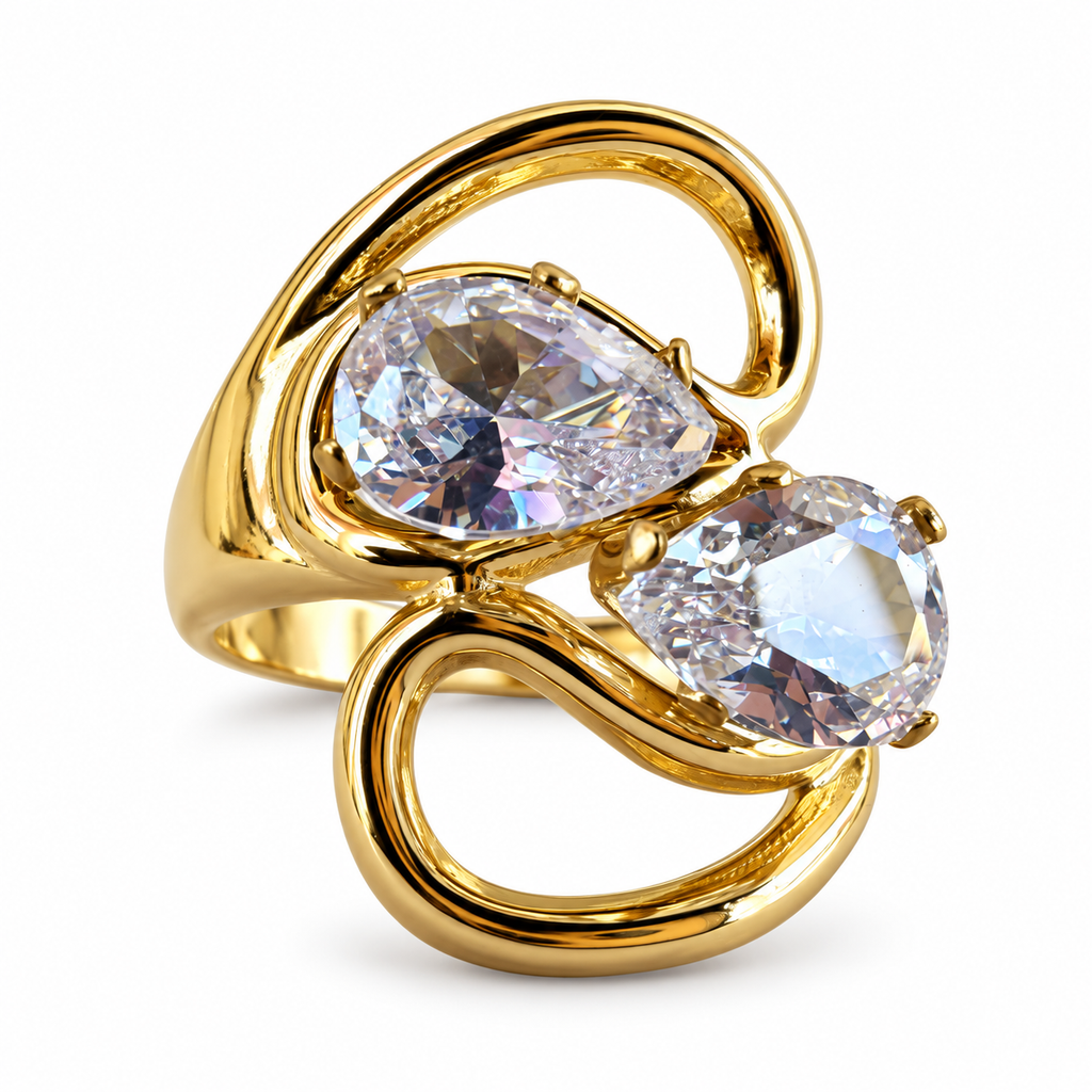 Gold Double Pear Crystal Swirl Ring - view 1