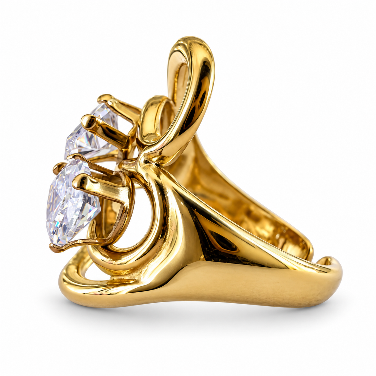 Gold Double Pear Crystal Swirl Ring - view 2