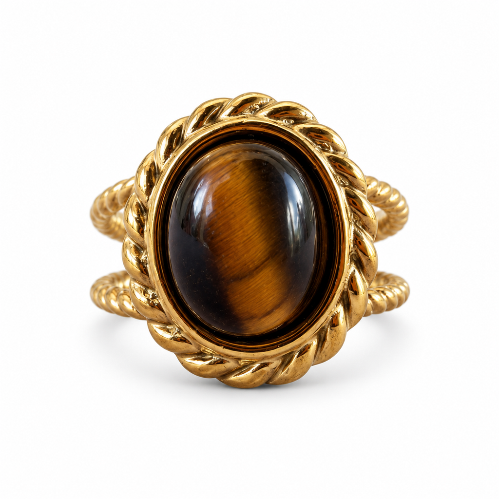 Gold Oval Tiger Eye Braided Halo Cuff Ring - view 1