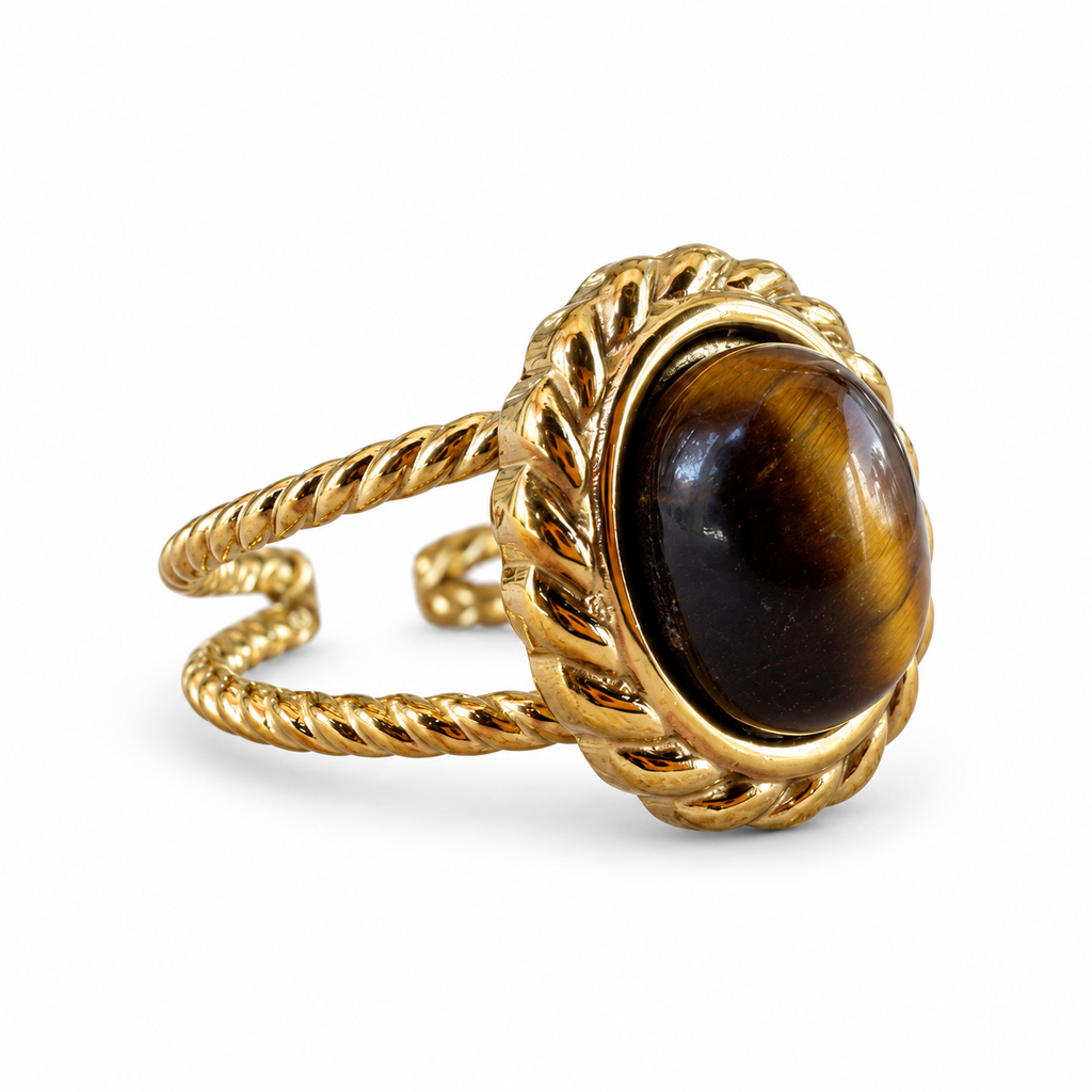 Gold Oval Tiger Eye Braided Halo Cuff Ring - view 2