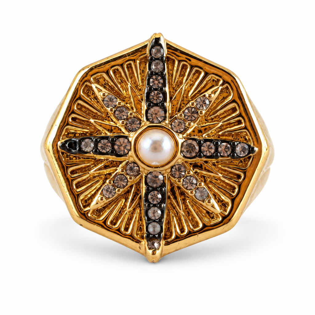 Gold Pearl Crystal Compass Statement Ring - view 1