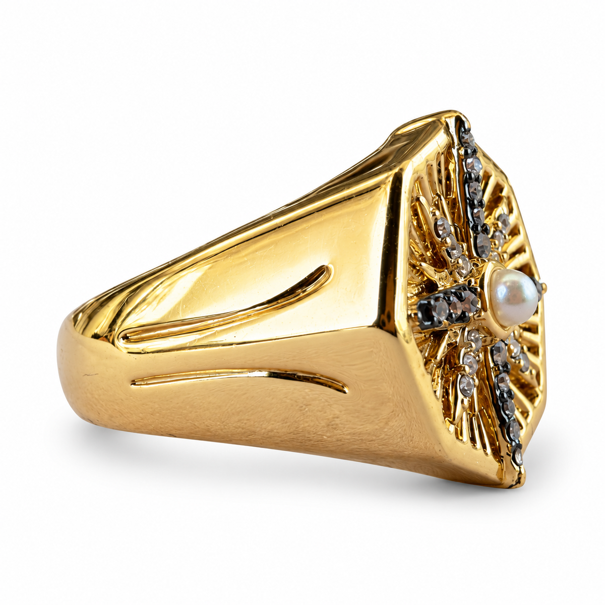Gold Pearl Crystal Compass Statement Ring - view 2