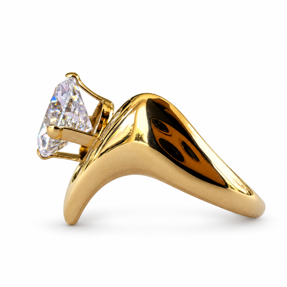 Gold Round Crystal Sculptural V Ring - view 2