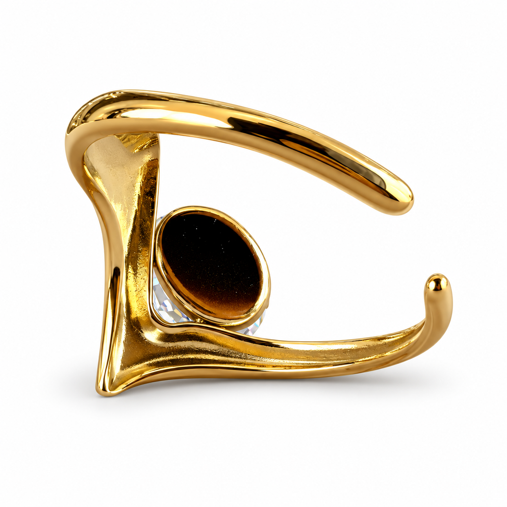 Gold Round Crystal Sculptural V Ring - view 3