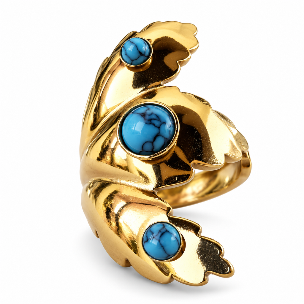 Gold Triple Turquoise Leaf Wrap Ring - view 1