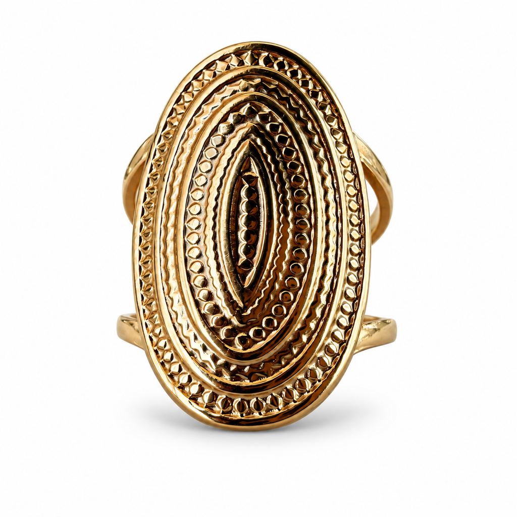 Gold Engraved Oval Medallion Statement Ring - view 1