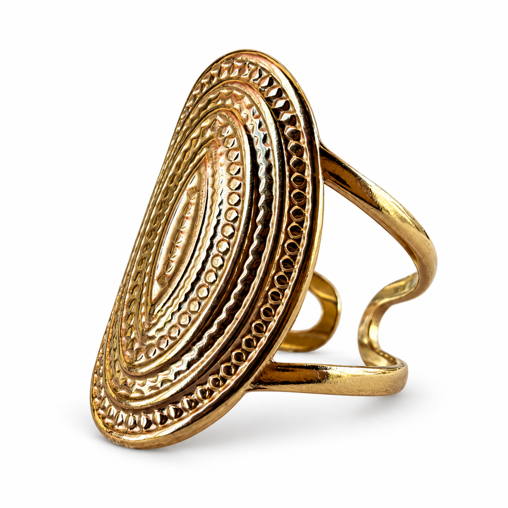 Gold Engraved Oval Medallion Statement Ring - view 2