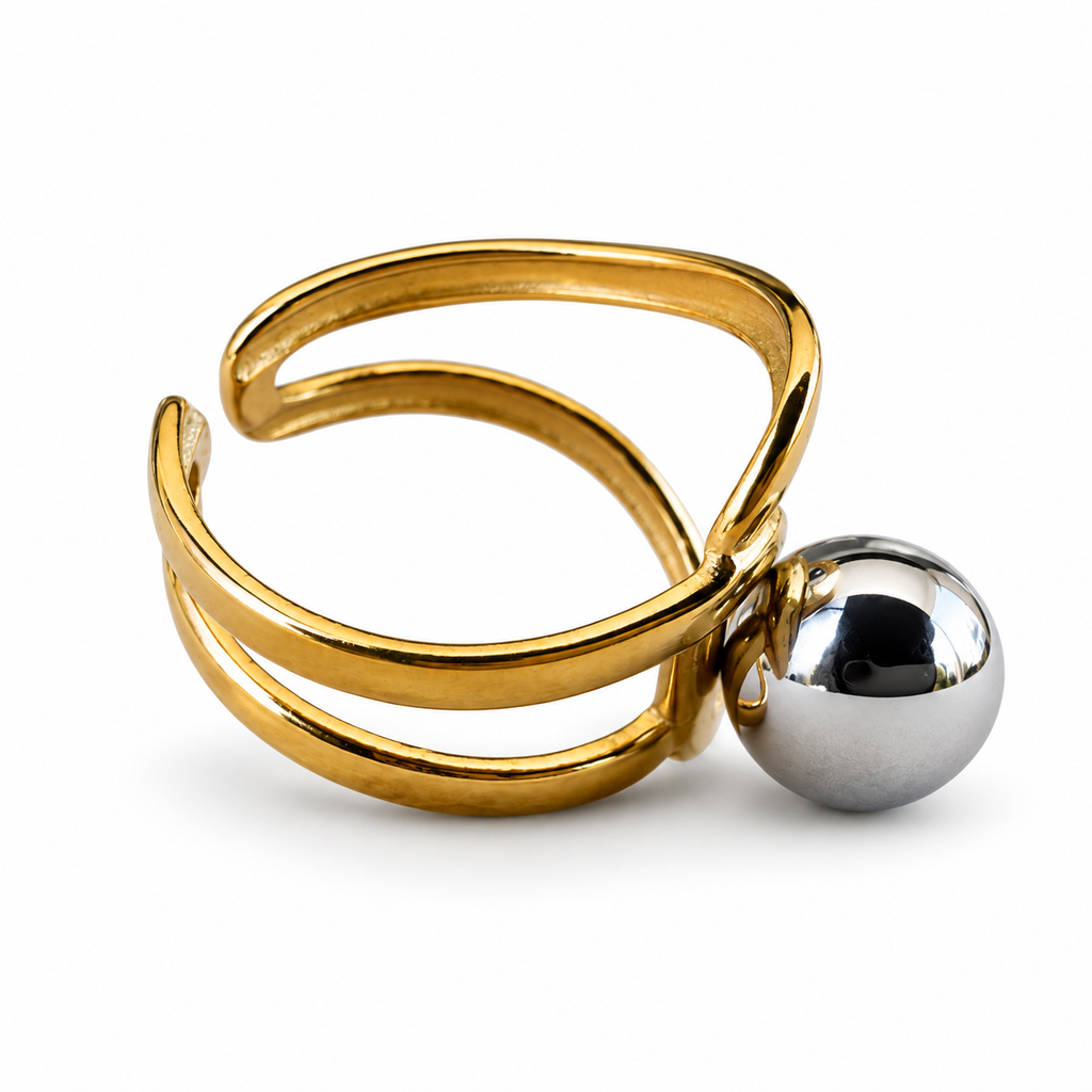 Gold Silver Sphere Double-Loop Bypass Ring - view 2