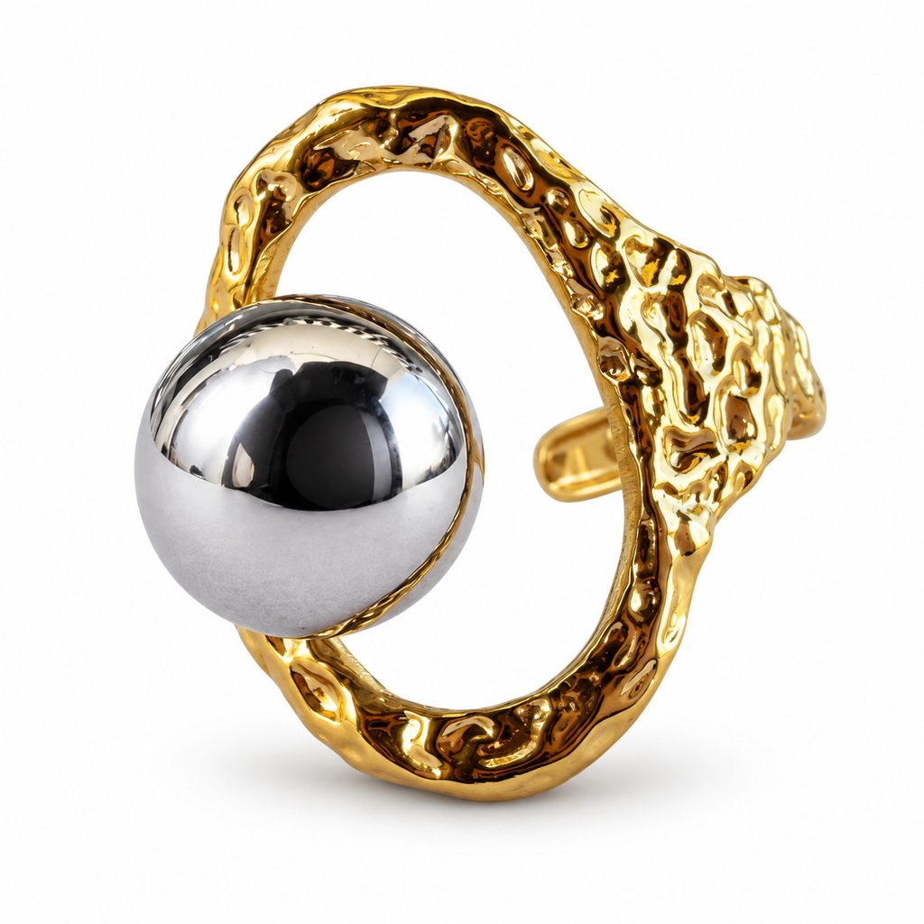 Gold Hammered Silver Sphere Cuff Ring - view 1