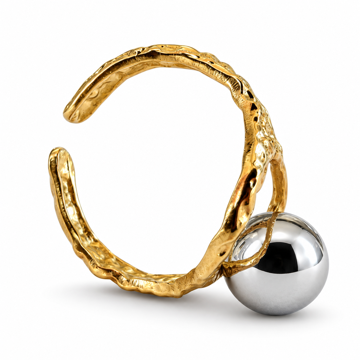 Gold Hammered Silver Sphere Cuff Ring - view 2