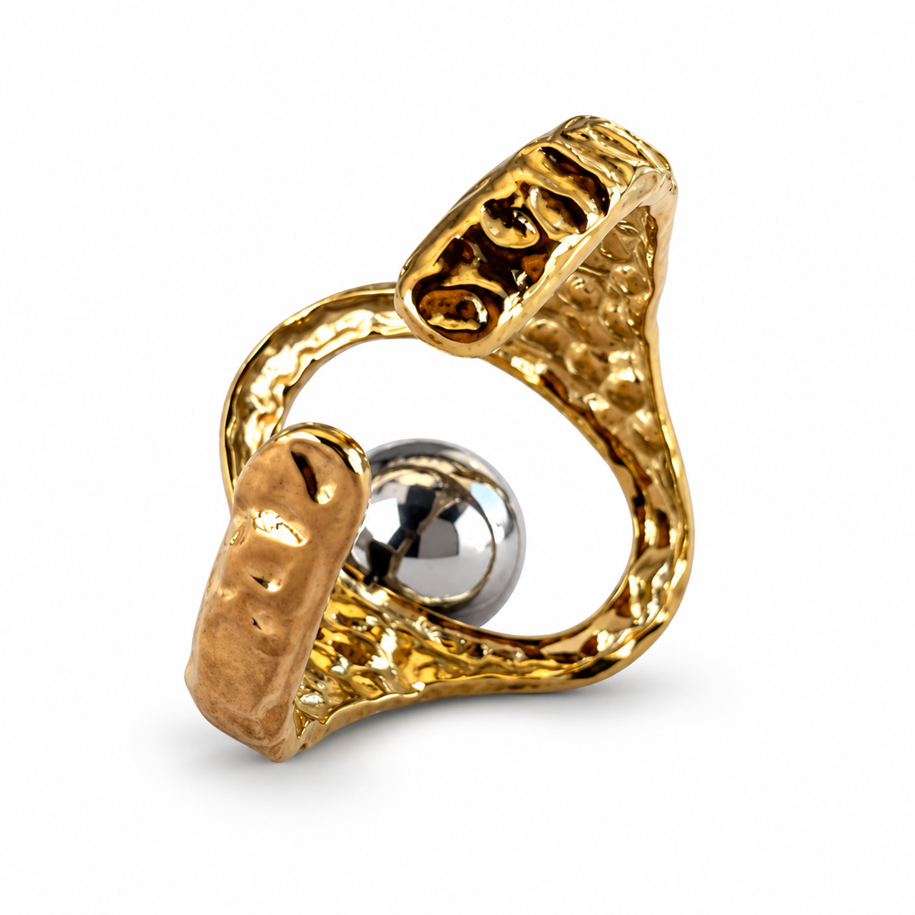 Gold Hammered Silver Sphere Cuff Ring - view 3