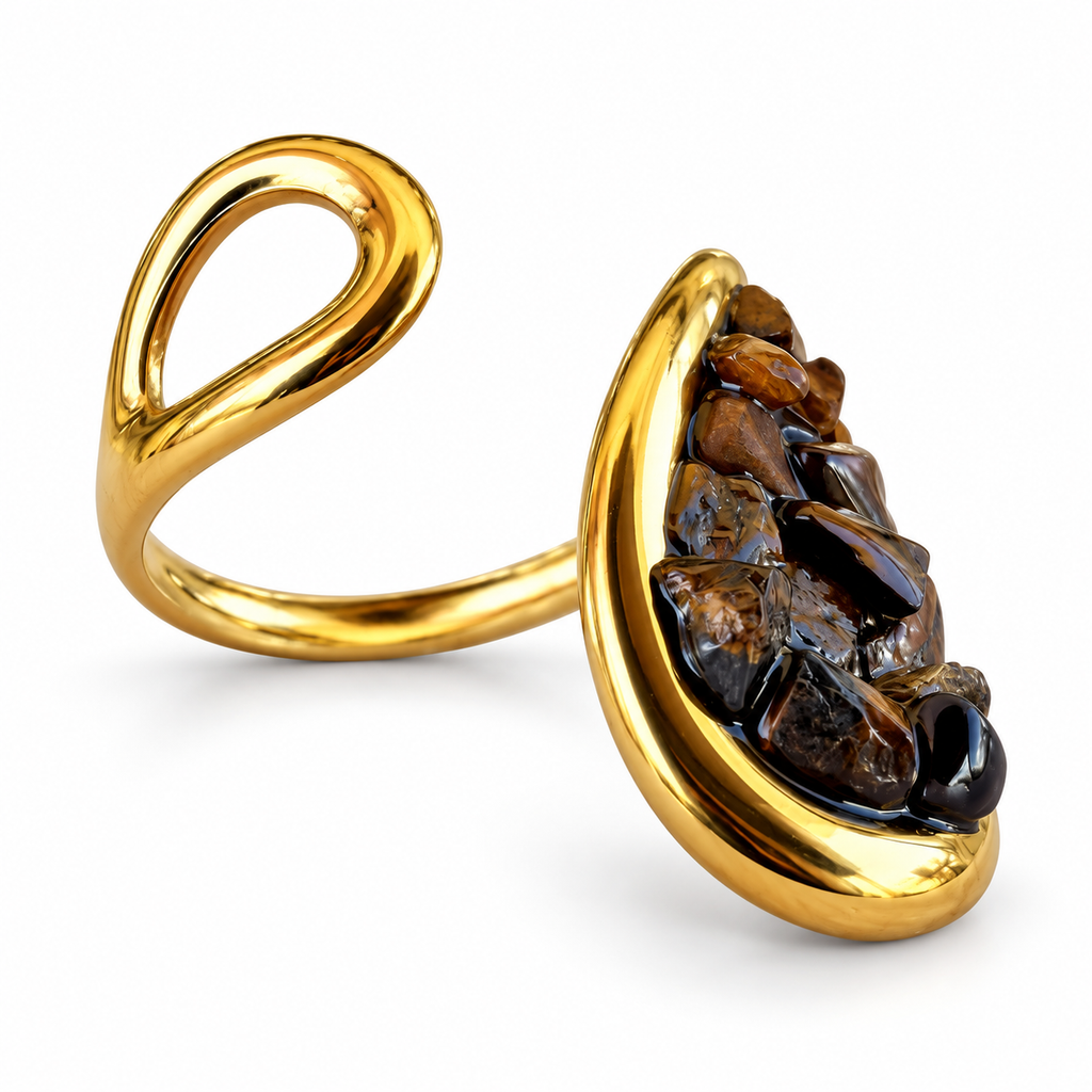 Gold Tiger Eye Chip Oval Bypass Ring - view 2