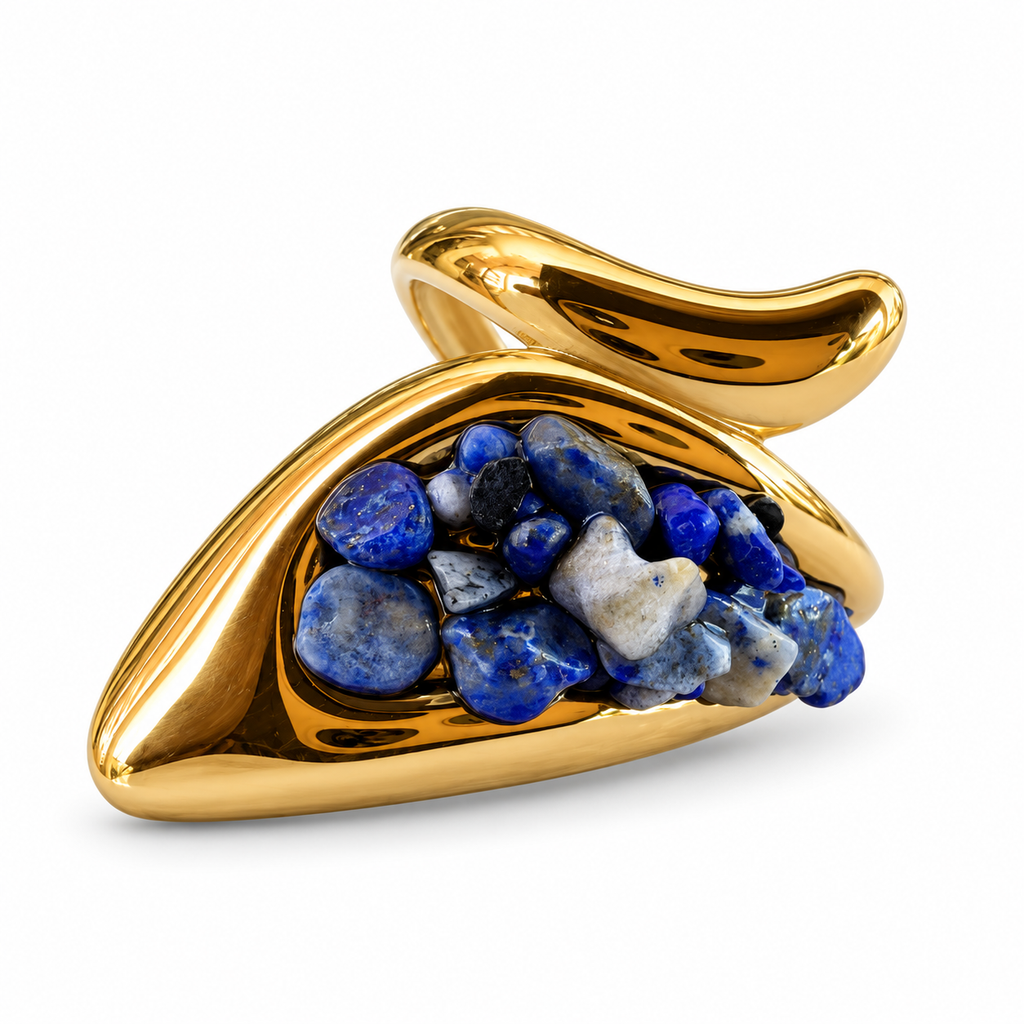 Gold Lapis Chip Sculptural Triangle Ring - view 1