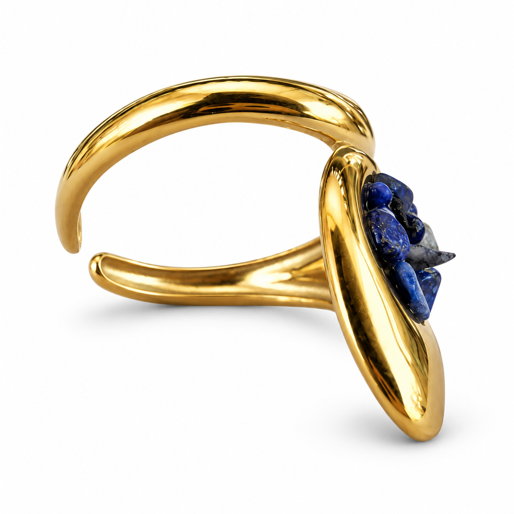 Gold Lapis Chip Sculptural Triangle Ring - view 2