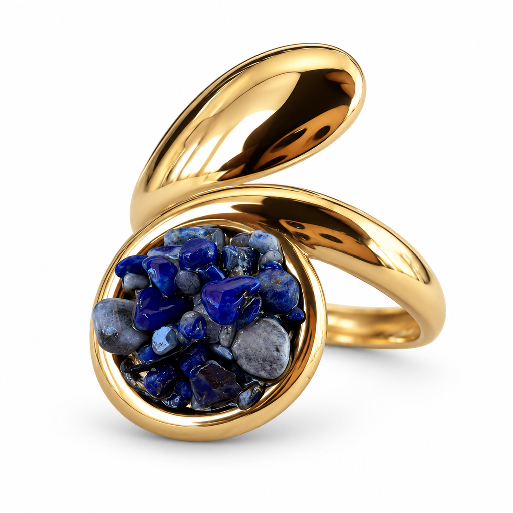 Gold Lapis Chip Round Sculptural Bypass Ring - view 1