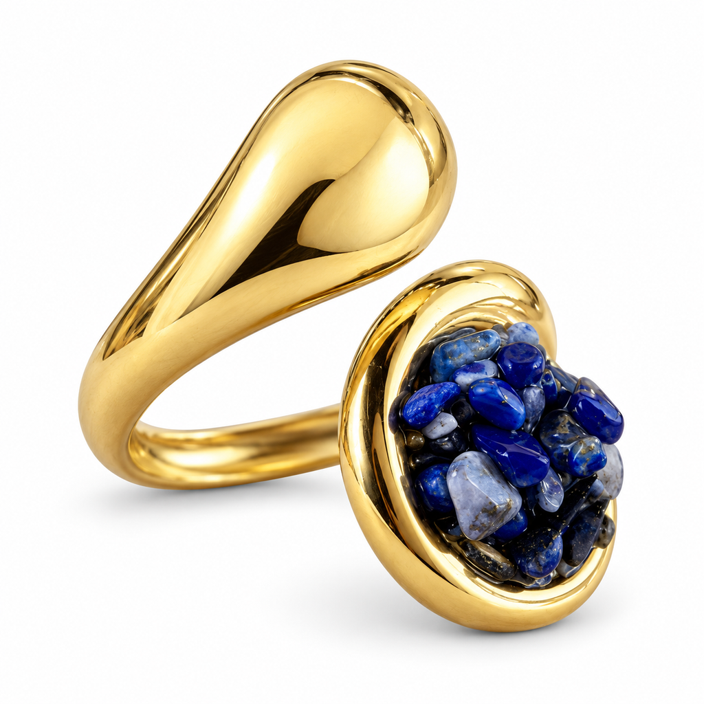 Gold Lapis Chip Round Sculptural Bypass Ring - view 2