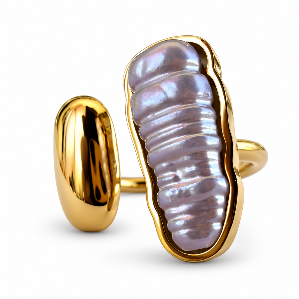 Gold Long Baroque Pearl Open Ring - view 1