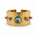 Gold Turquoise Crystal Ribbed Cuff Ring - view 1