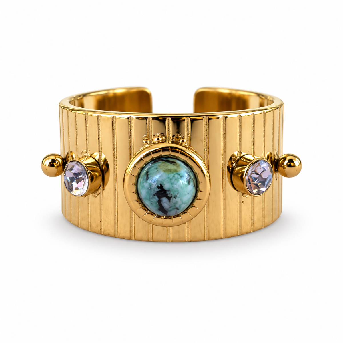 Gold Turquoise Crystal Ribbed Cuff Ring - view 1