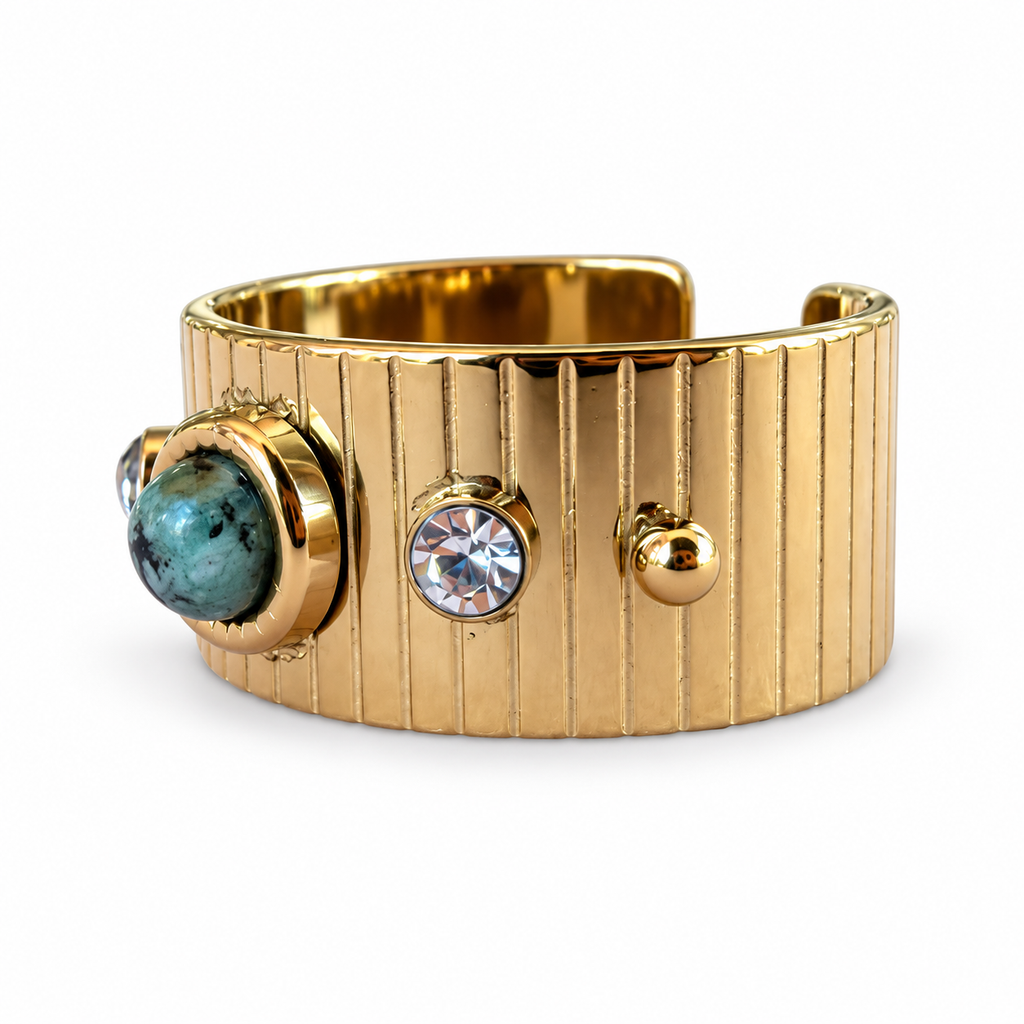 Gold Turquoise Crystal Ribbed Cuff Ring - view 2