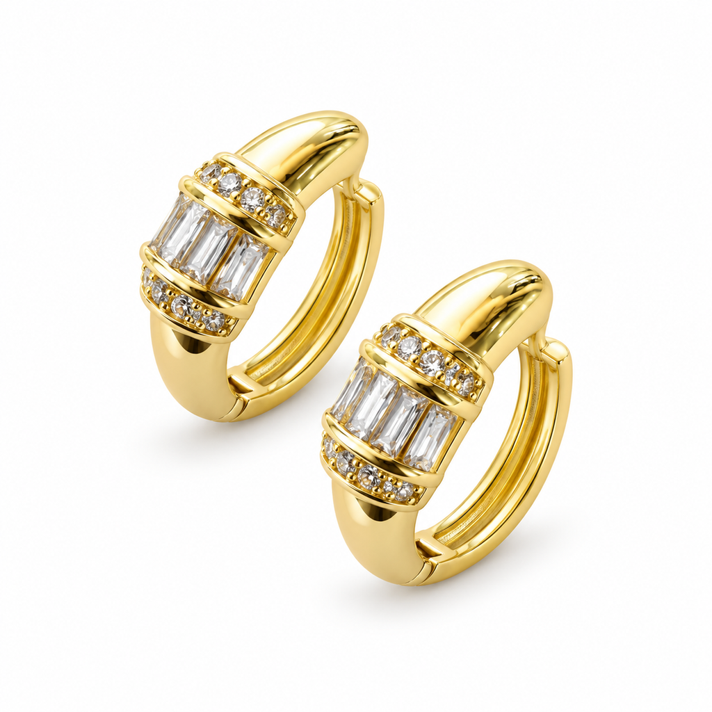 Gold Baguette Crystal Huggie Earrings - view 2