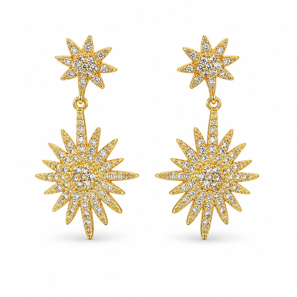 Gold Double Sunburst Crystal Drop Earrings - view 1