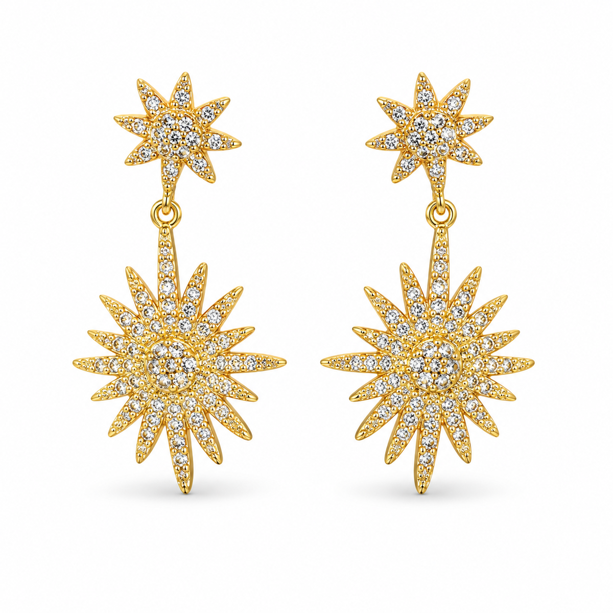 Gold Double Sunburst Crystal Drop Earrings - view 1