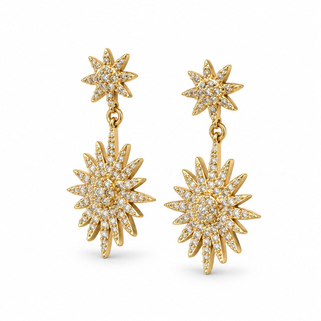 Gold Double Sunburst Crystal Drop Earrings - view 2