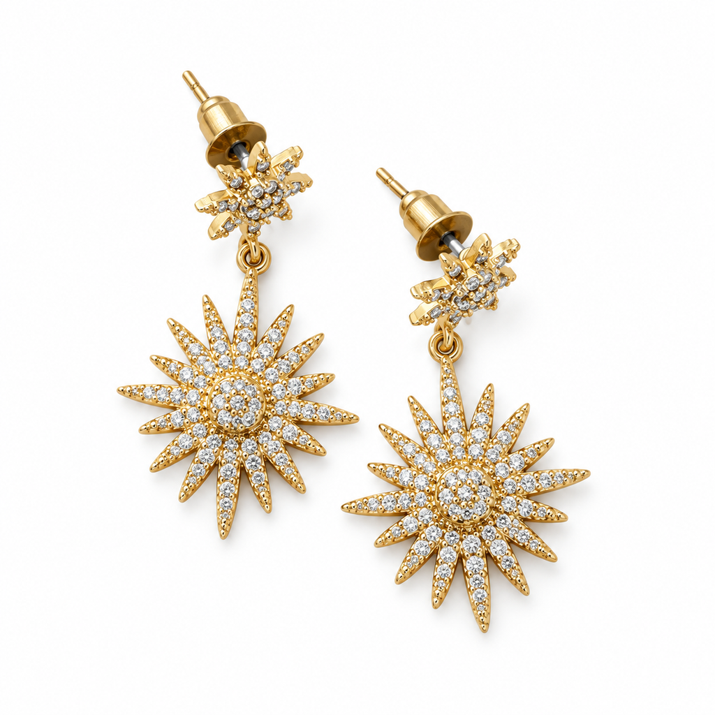 Gold Double Sunburst Crystal Drop Earrings - view 3