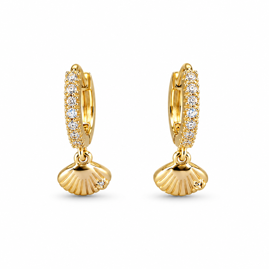 Gold Seashell Charm Huggie Earrings - view 1