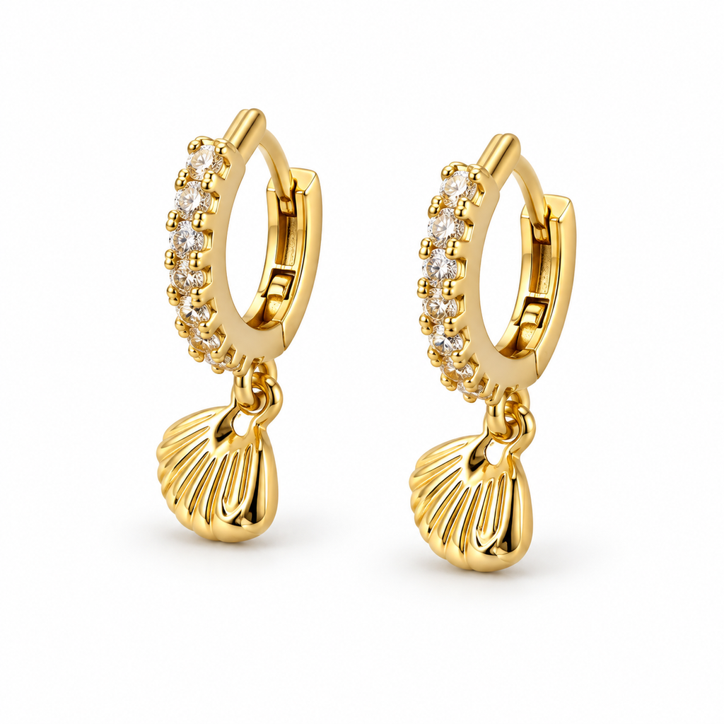 Gold Seashell Charm Huggie Earrings - view 3