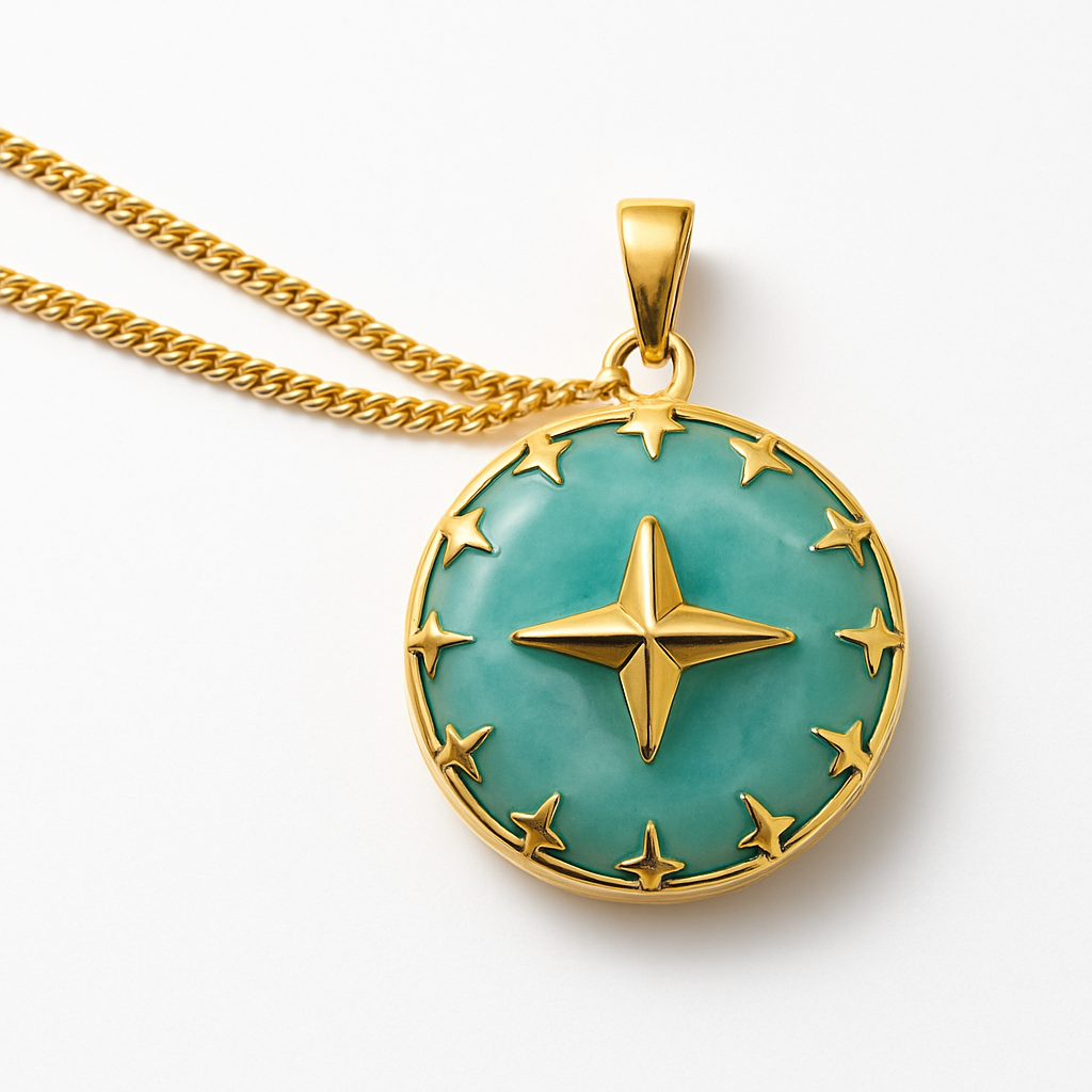 Teal Turquoise Stone Necklace with Gold North Star Pendant