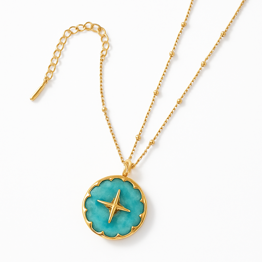 Teal Turquoise Stone Necklace with Gold North Star Pendant